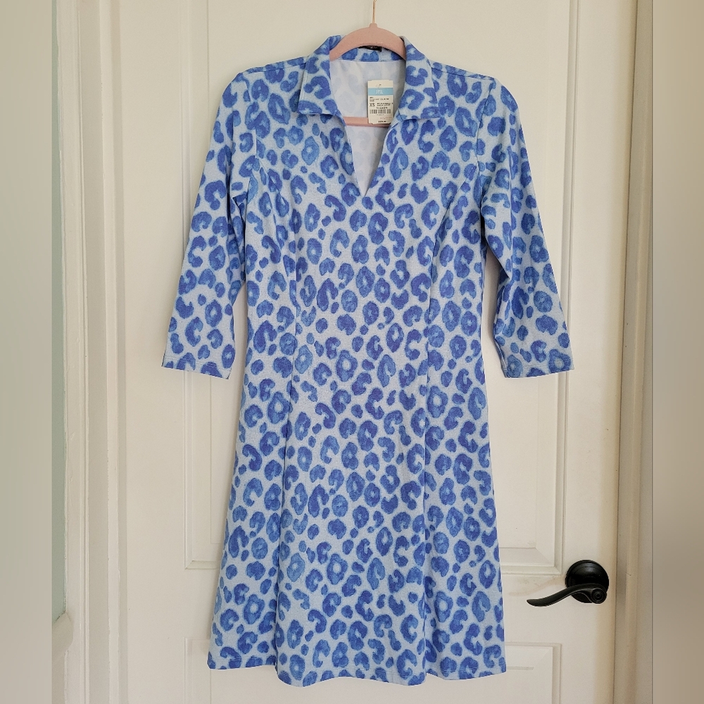 New J. McLaughlin Abby Collared Shirt Dress XSmall Blue Leopard Print NWT